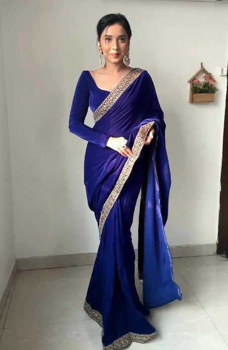 Attractive Sequence Work Navy Blue Ready To Wear Saree