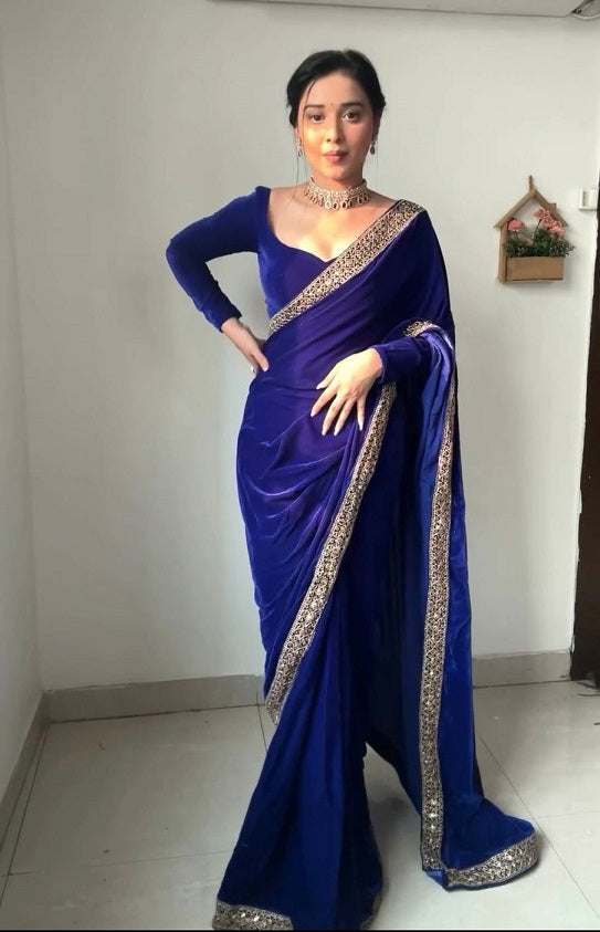 Attractive Sequence Work Navy Blue Ready To Wear Saree