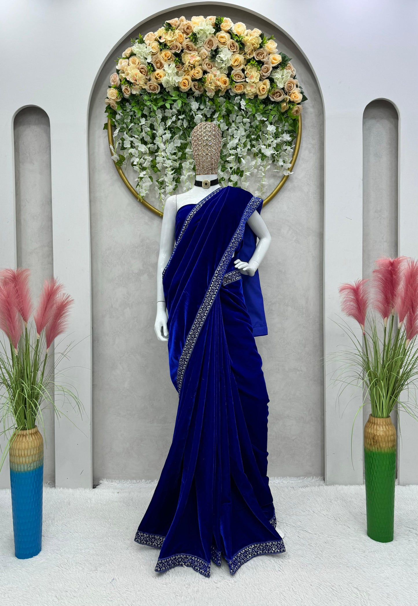 Attractive Sequence Work Navy Blue Ready To Wear Saree