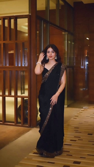 Trendy Golden Sequence Border Black Color Saree