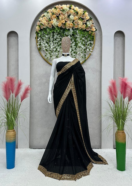 Trendy Golden Sequence Border Black Color Saree