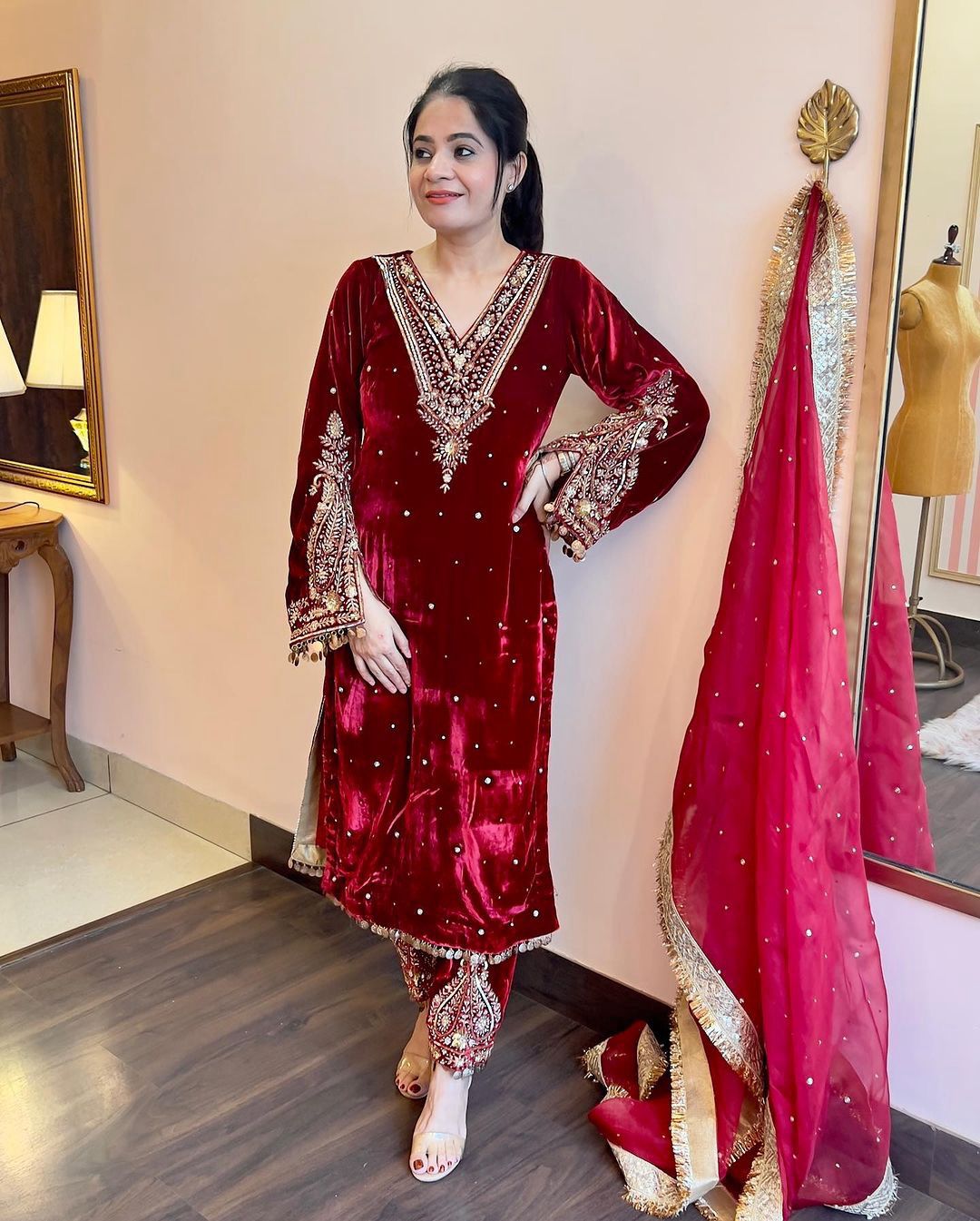 Moti and Lace border Velvet Maroon Color Palazzo Suit