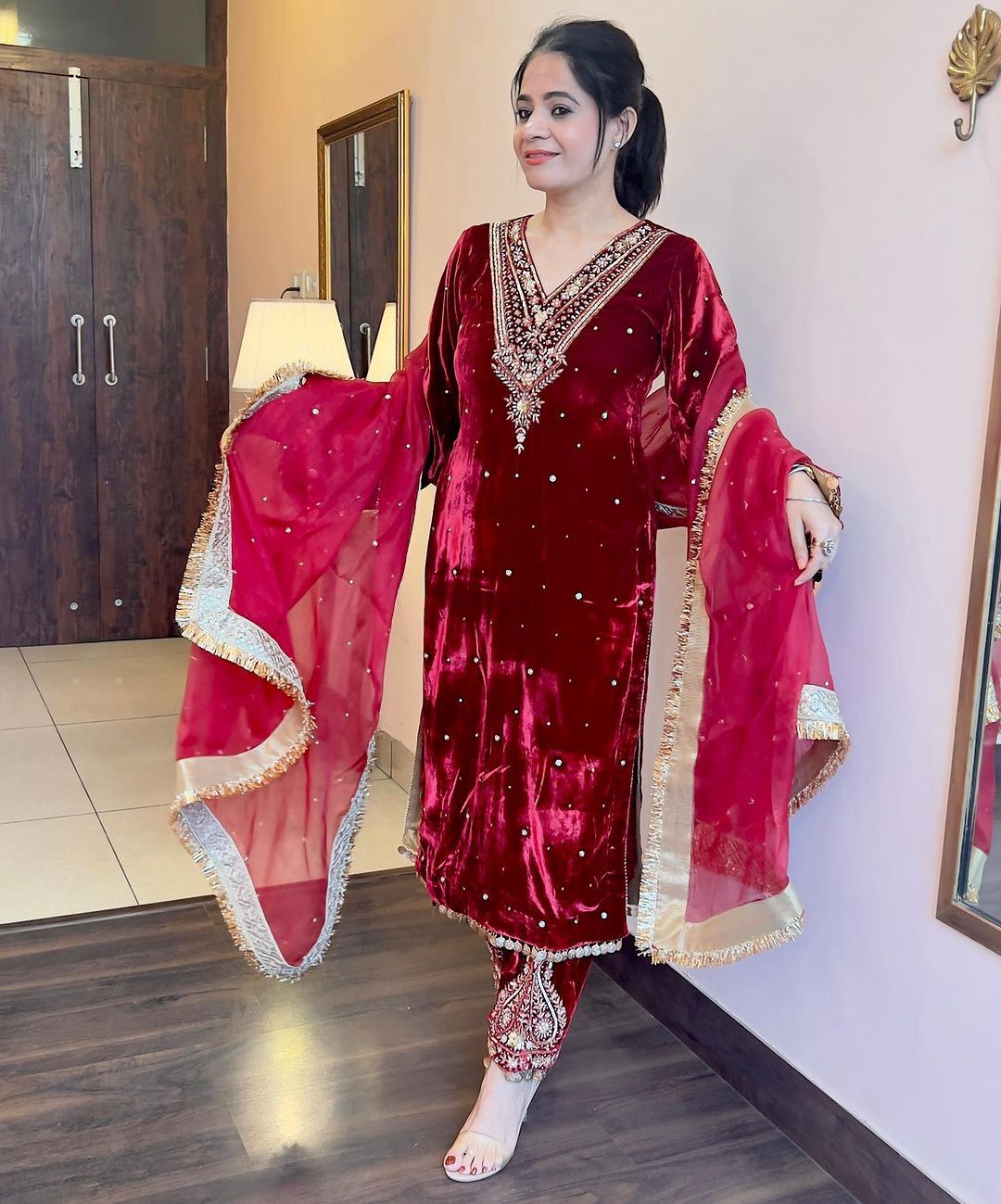 Moti and Lace border Velvet Maroon Color Palazzo Suit