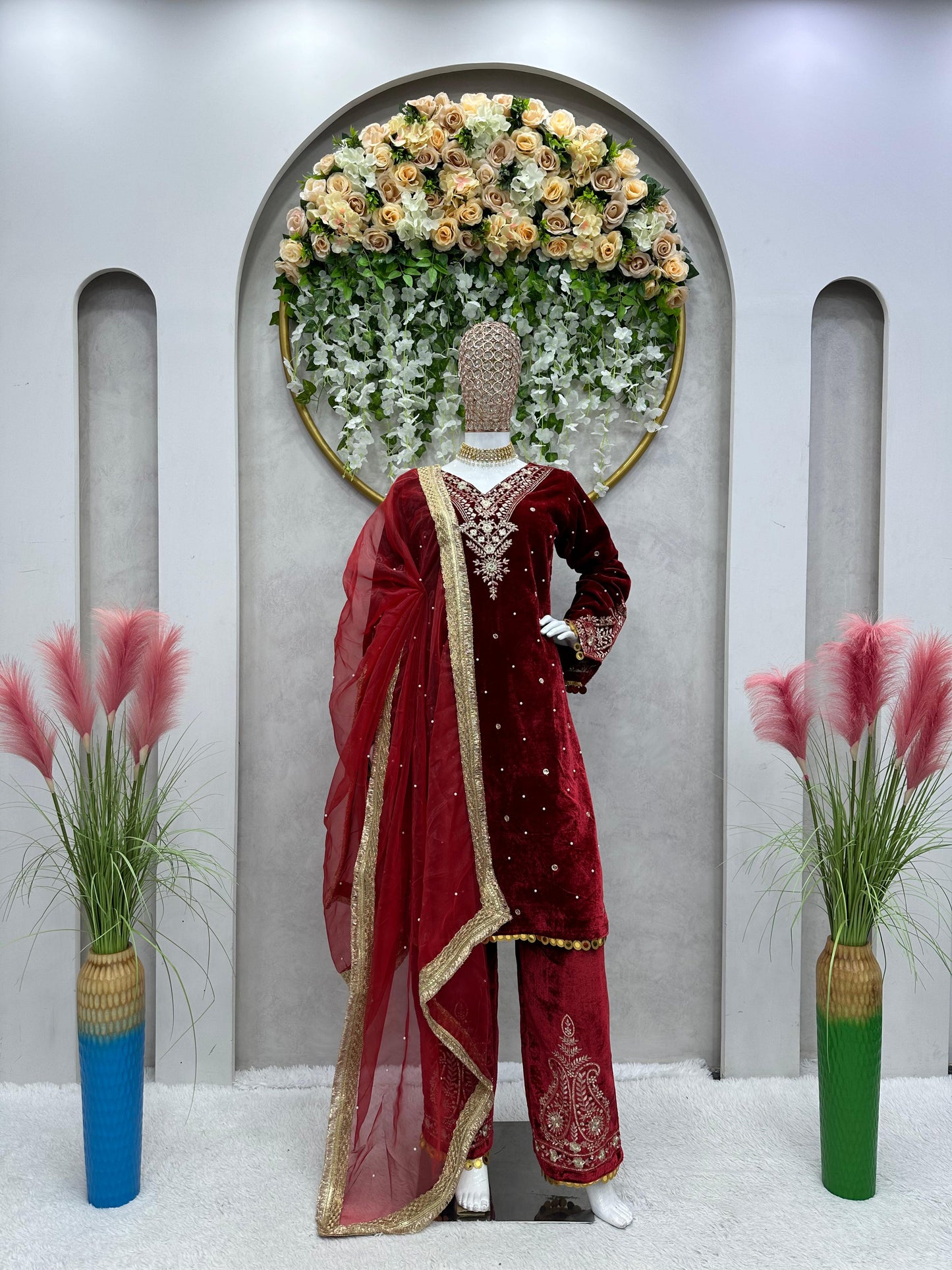 Beautiful Work Maroon Color Velvet Suit