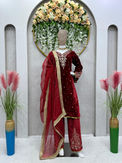 Beautiful Work Maroon Color Velvet Suit