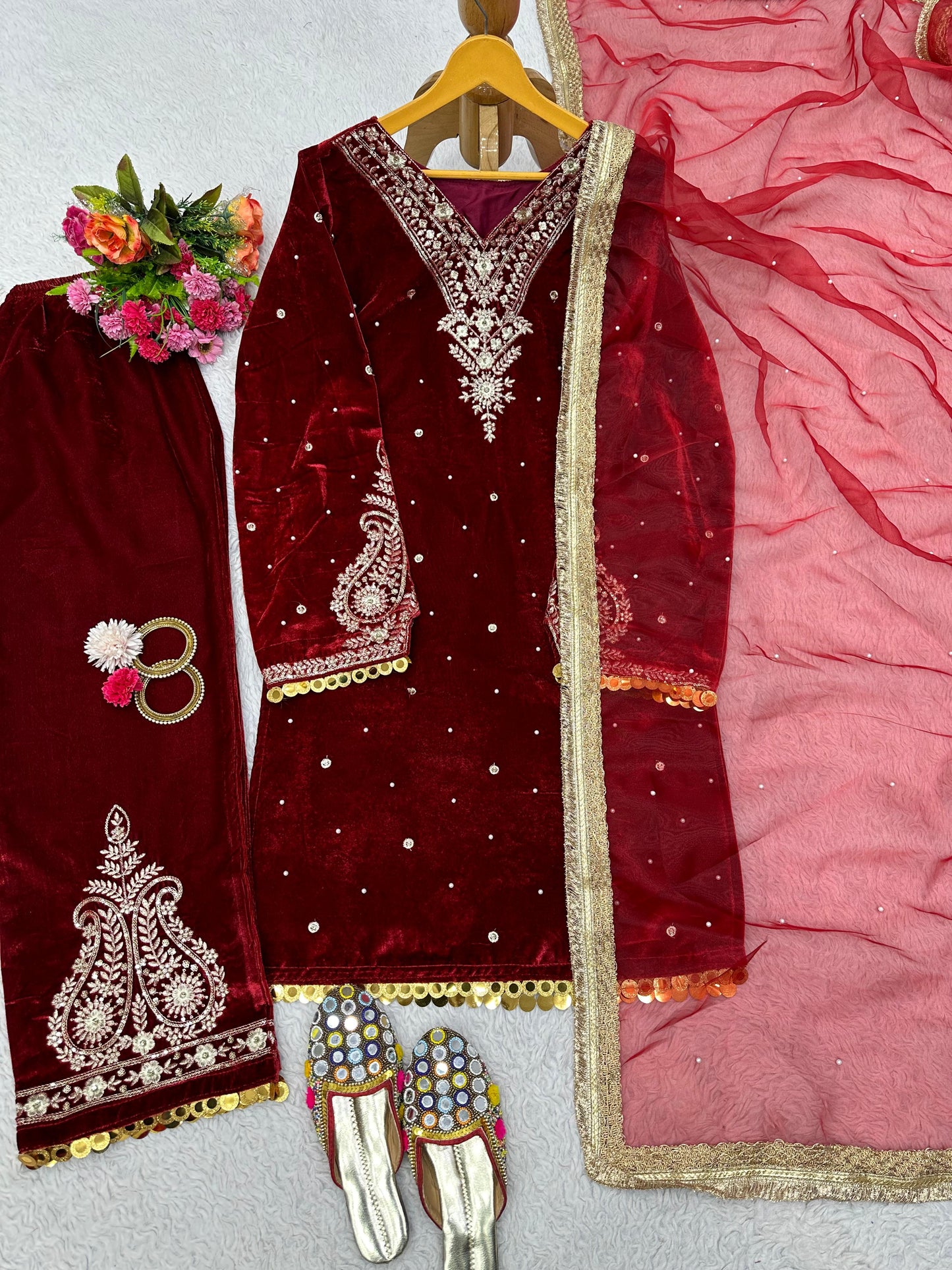 Beautiful Work Maroon Color Velvet Suit