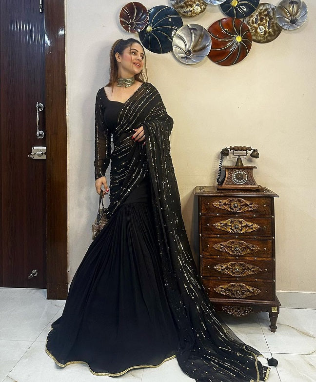 Ready To Wear Black Color Beautiful Work Lehenga Saree