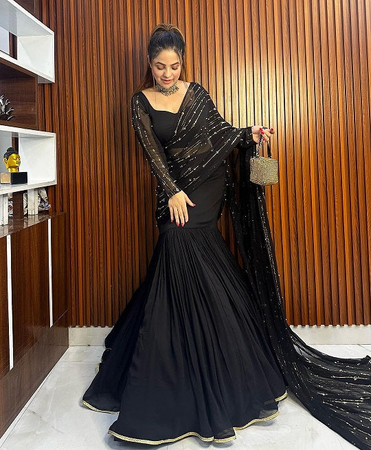 Ready To Wear Black Color Beautiful Work Lehenga Saree