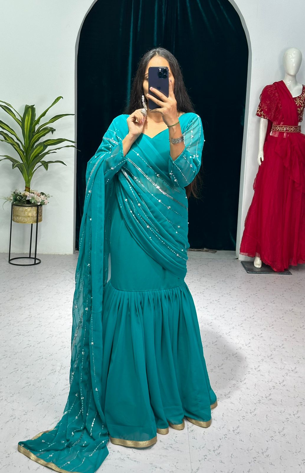 Mesmerizing Aqua Blue Color Embroidery Work Lehenga-saree