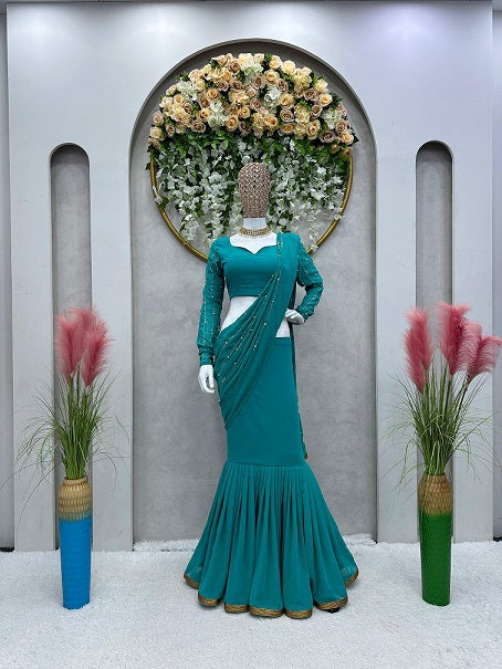 Ready To Wear Teal Green Color Beautiful Work Lehenga Saree