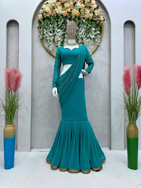 Ready To Wear Teal Green Color Beautiful Work Lehenga Saree