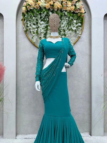 Ready To Wear Teal Green Color Beautiful Work Lehenga Saree