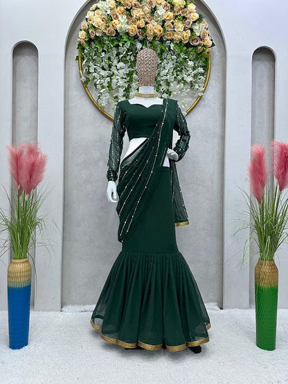 Ready To Wear Green Color Beautiful Work Lehenga Saree