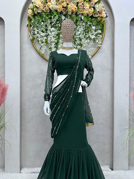 Ready To Wear Green Color Beautiful Work Lehenga Saree