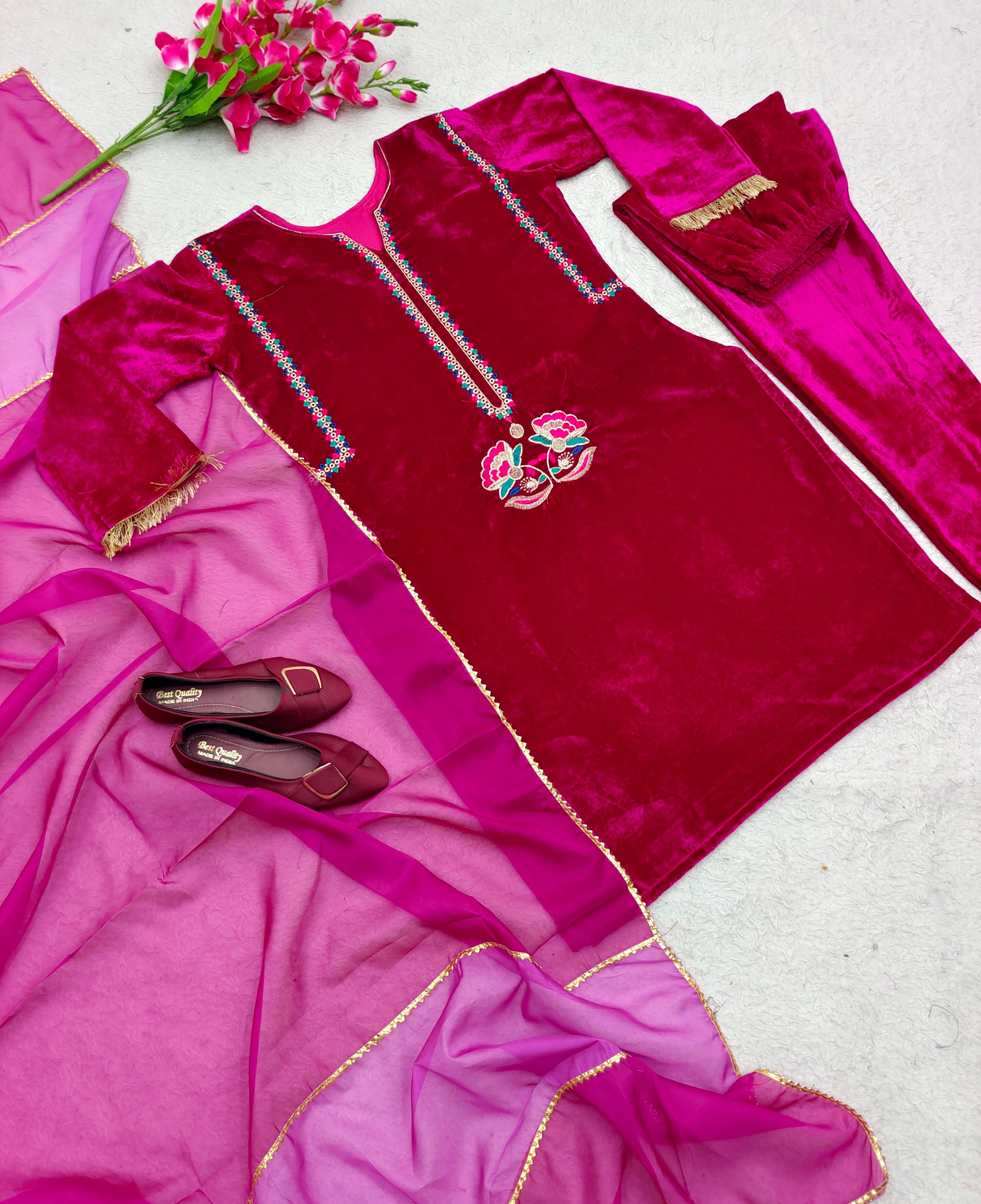 Glimmering Pink Color Velvet Thread Work Salwar Suit