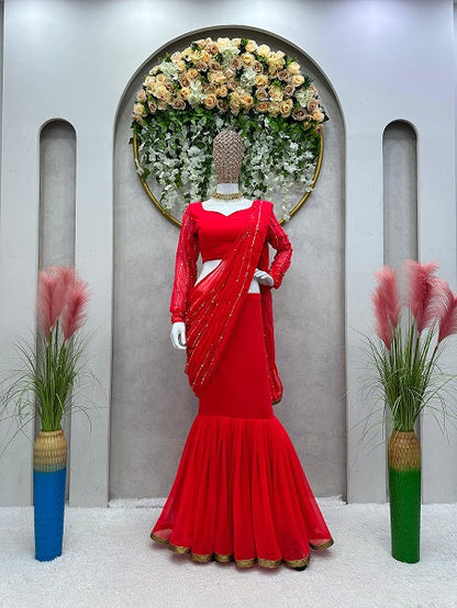 Ready To Wear Red Color Beautiful Work Lehenga Saree