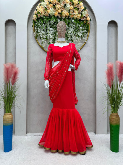 Ready To Wear Red Color Beautiful Work Lehenga Saree