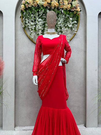 Ready To Wear Red Color Beautiful Work Lehenga Saree