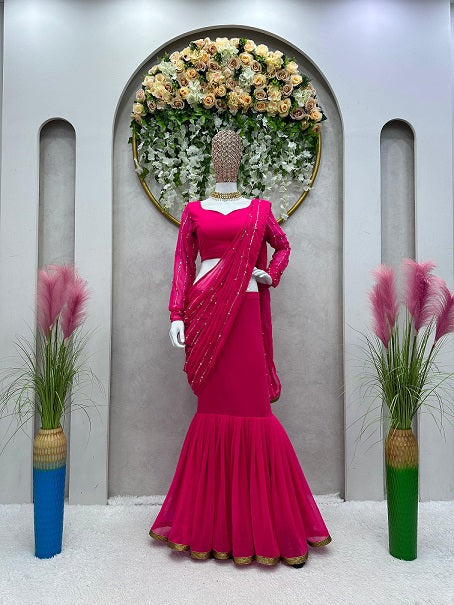 Ready To Wear Pink Color Beautiful Work Lehenga Saree