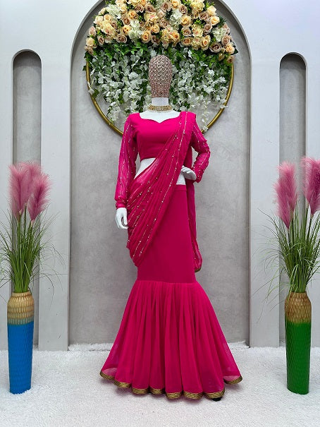 Ready To Wear Pink Color Beautiful Work Lehenga Saree