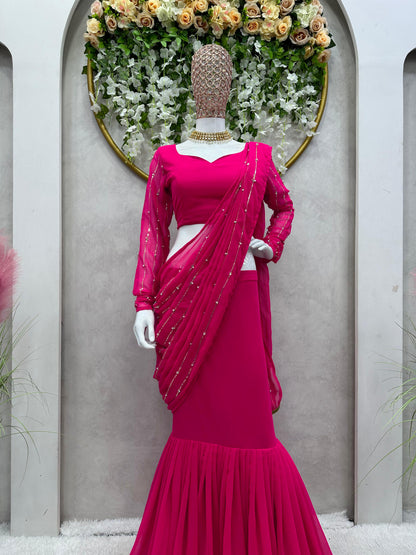 Ready To Wear Pink Color Beautiful Work Lehenga Saree