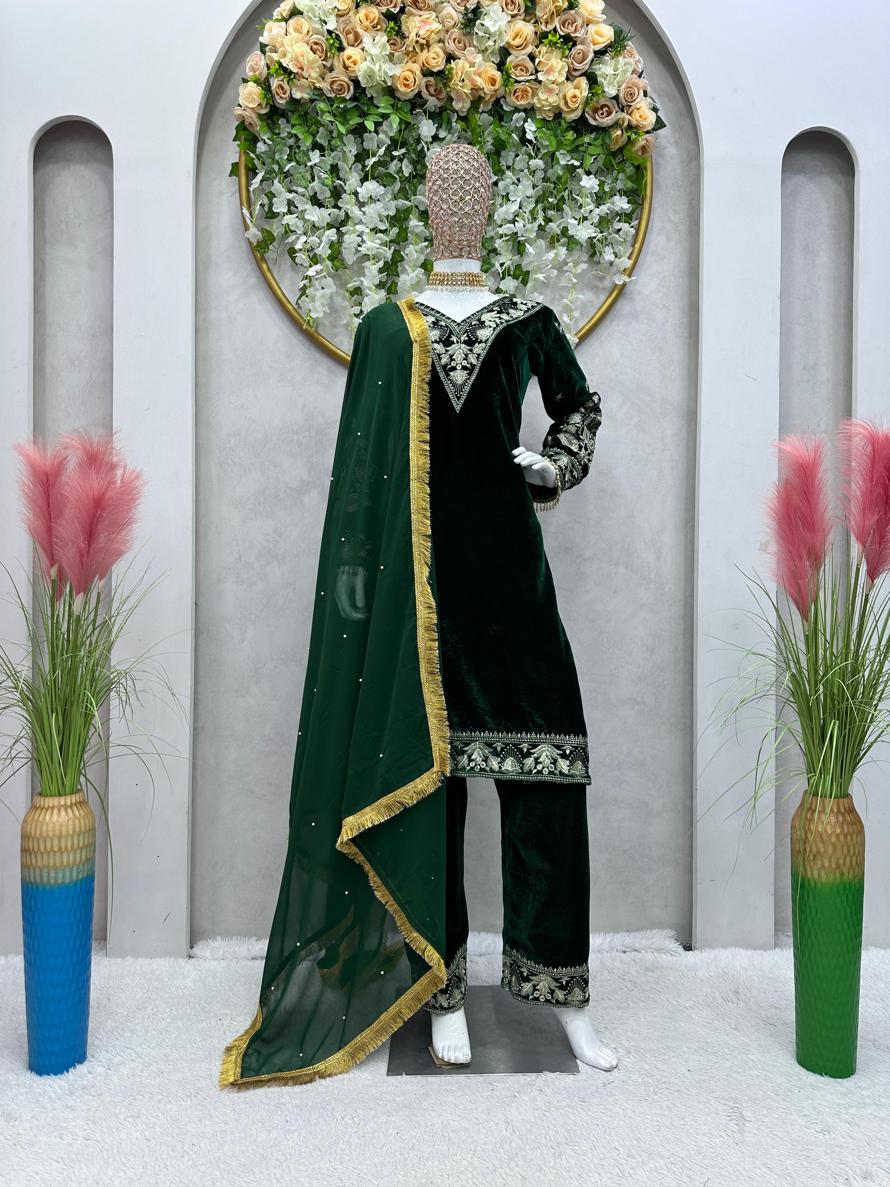 Pakistani Designer Thread With Fancy Lace Work Green Velvet Suit