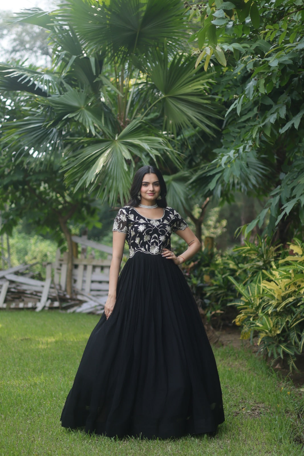 Captivating Black Color Embroidered Work Long Gown