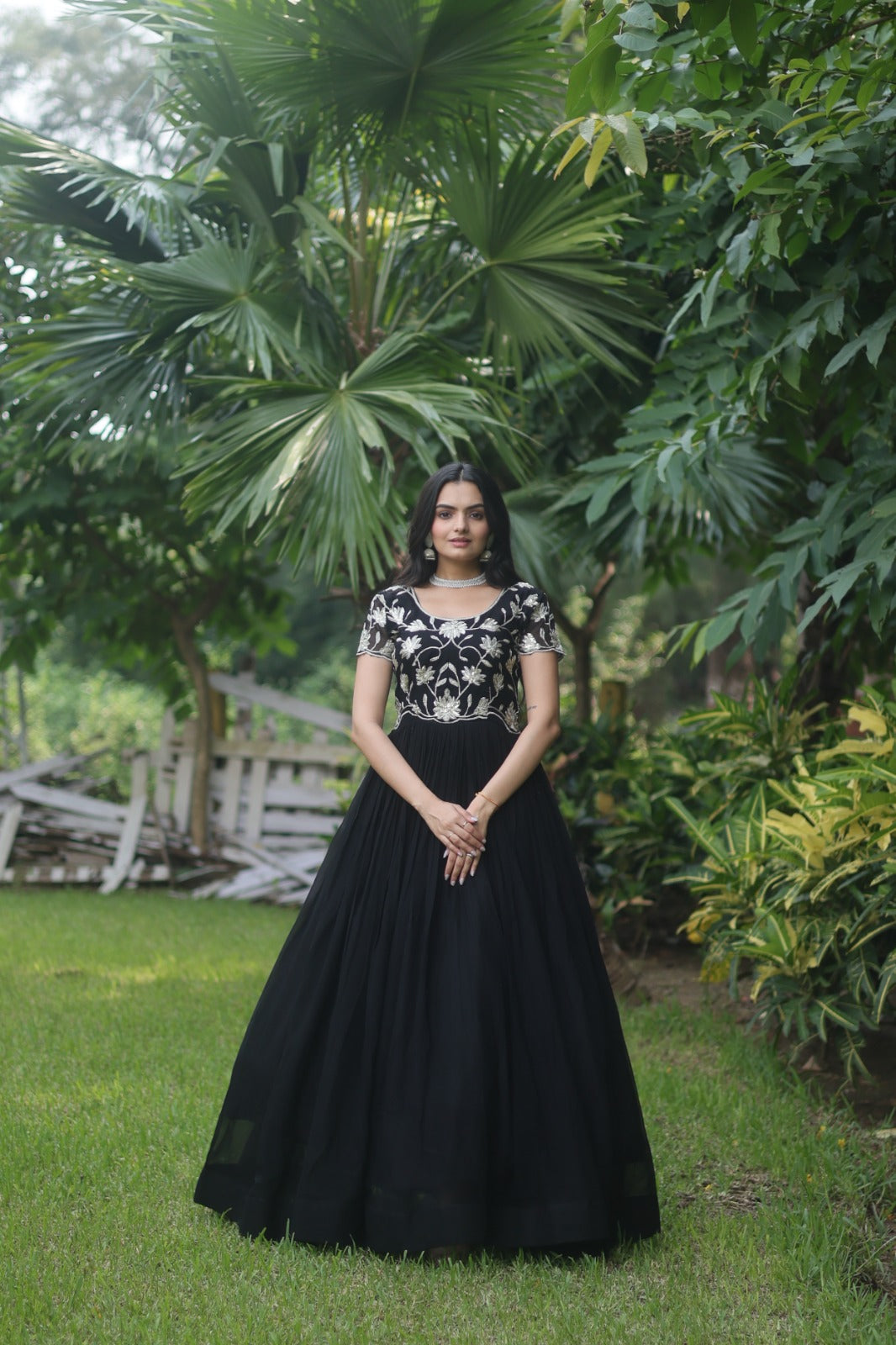 Captivating Black Color Embroidered Work Long Gown