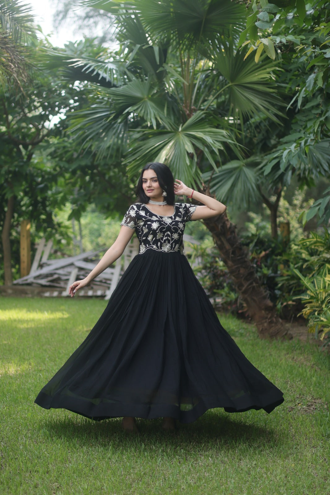 Captivating Black Color Embroidered Work Long Gown