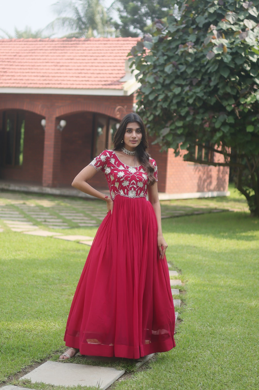 Captivating Pink Color Embroidered Work Long Gown