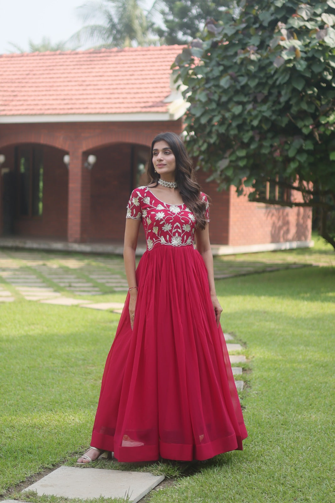 Captivating Pink Color Embroidered Work Long Gown