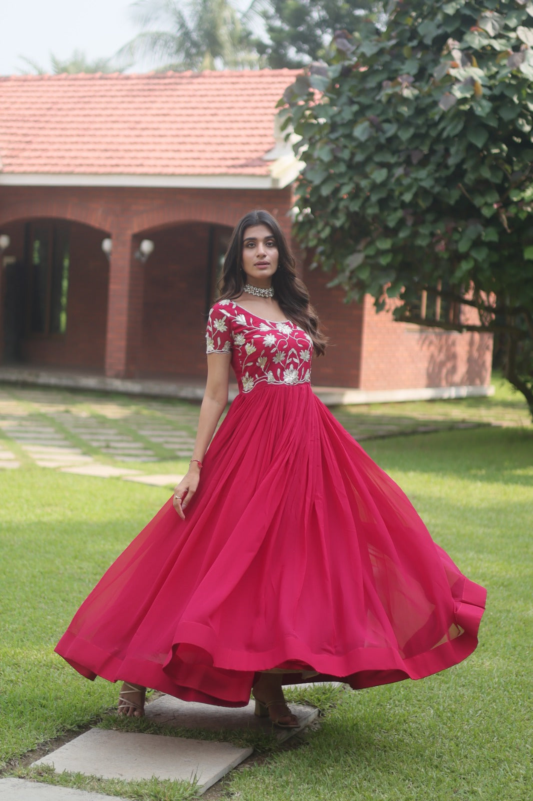 Captivating Pink Color Embroidered Work Long Gown