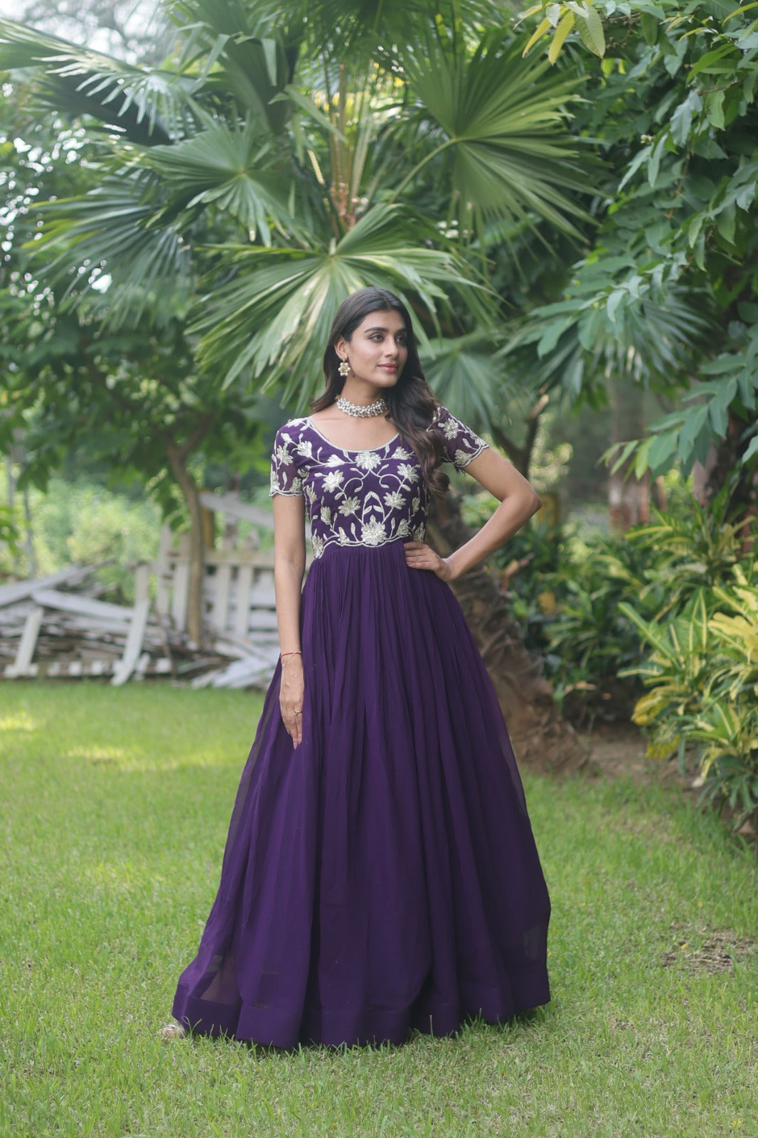 Captivating Purple Color Embroidered Work Long Gown