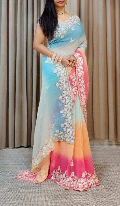 Multi Color Embroidery Work Glamourous Pleated Saree