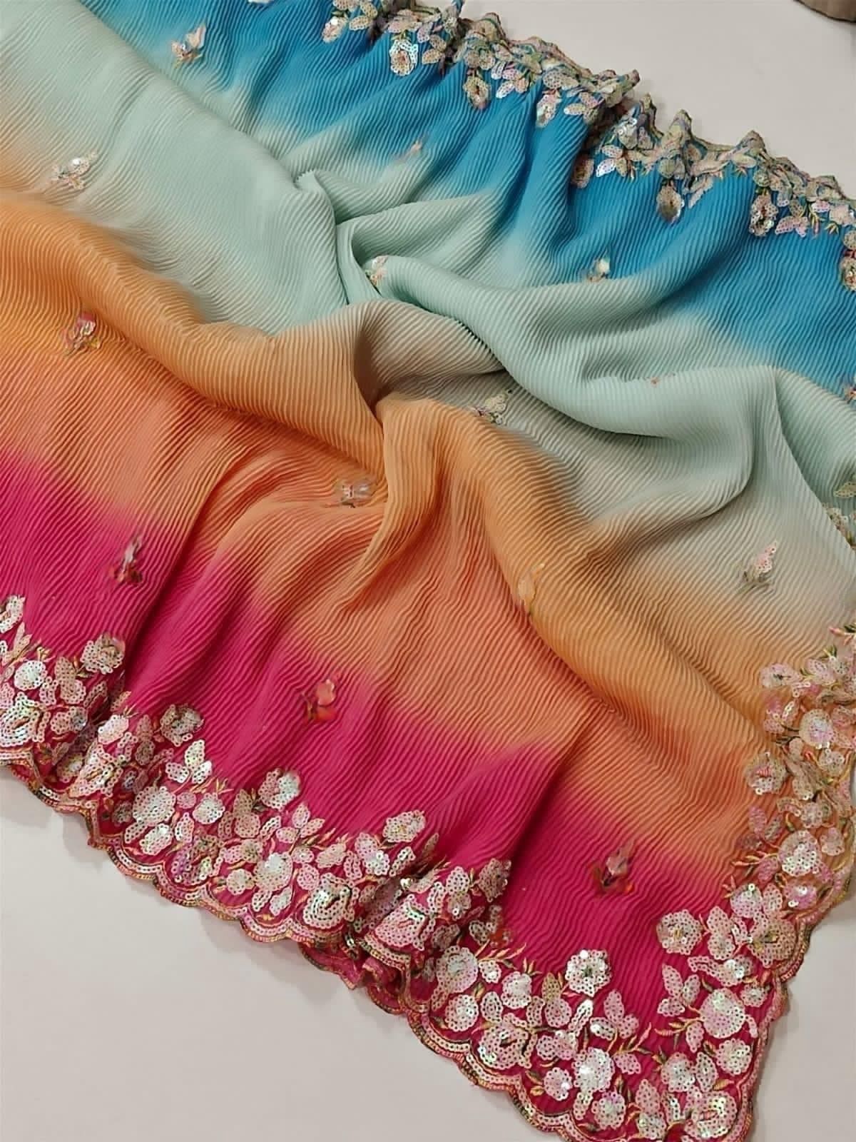 Multi Color Embroidery Work Glamourous Pleated Saree