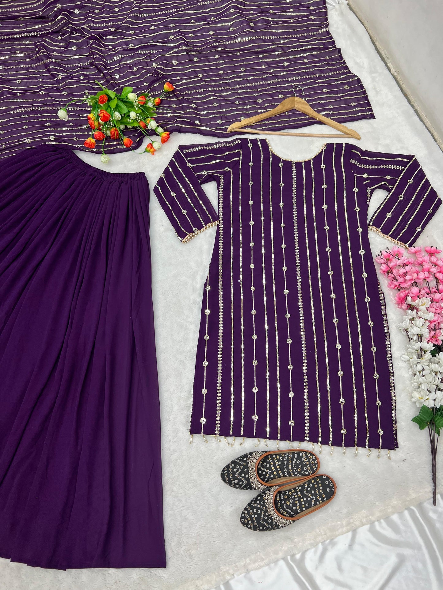 Occasion Wear Purple Color Sequence Work Sharara Suit