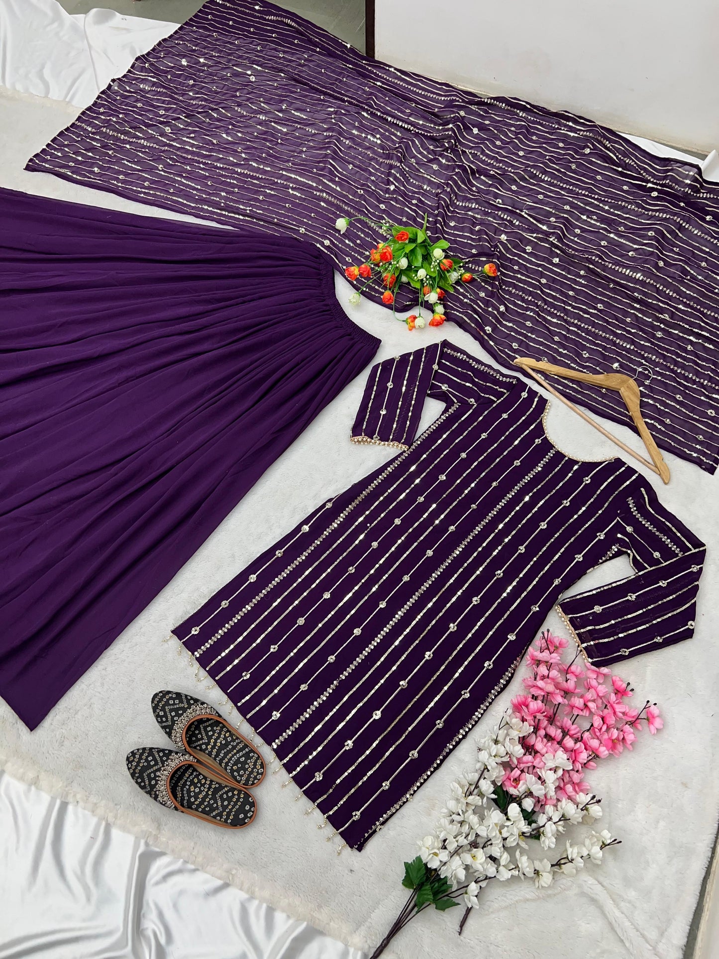 Occasion Wear Purple Color Sequence Work Sharara Suit