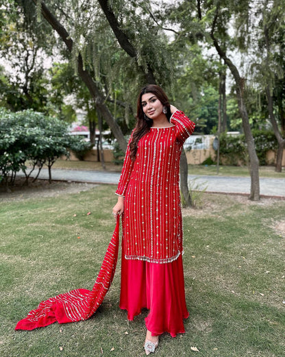 Occasion Wear Red Color Sequence Work Sharara Suit