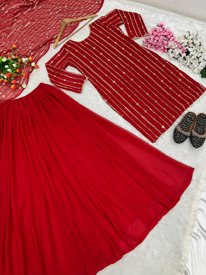 Occasion Wear Red Color Sequence Work Sharara Suit