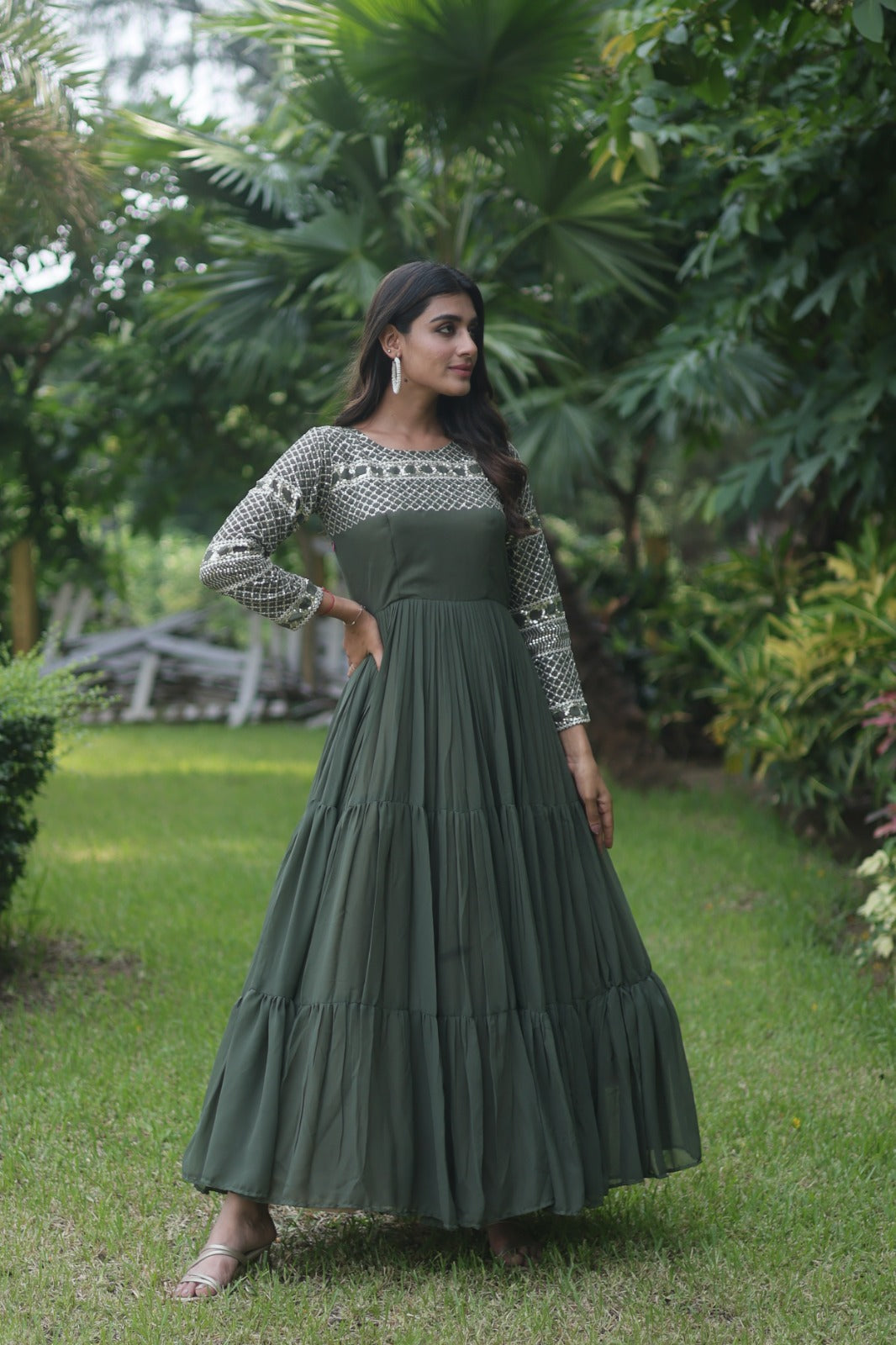 Fantastic Mehendi Green Color Zari Work Gown