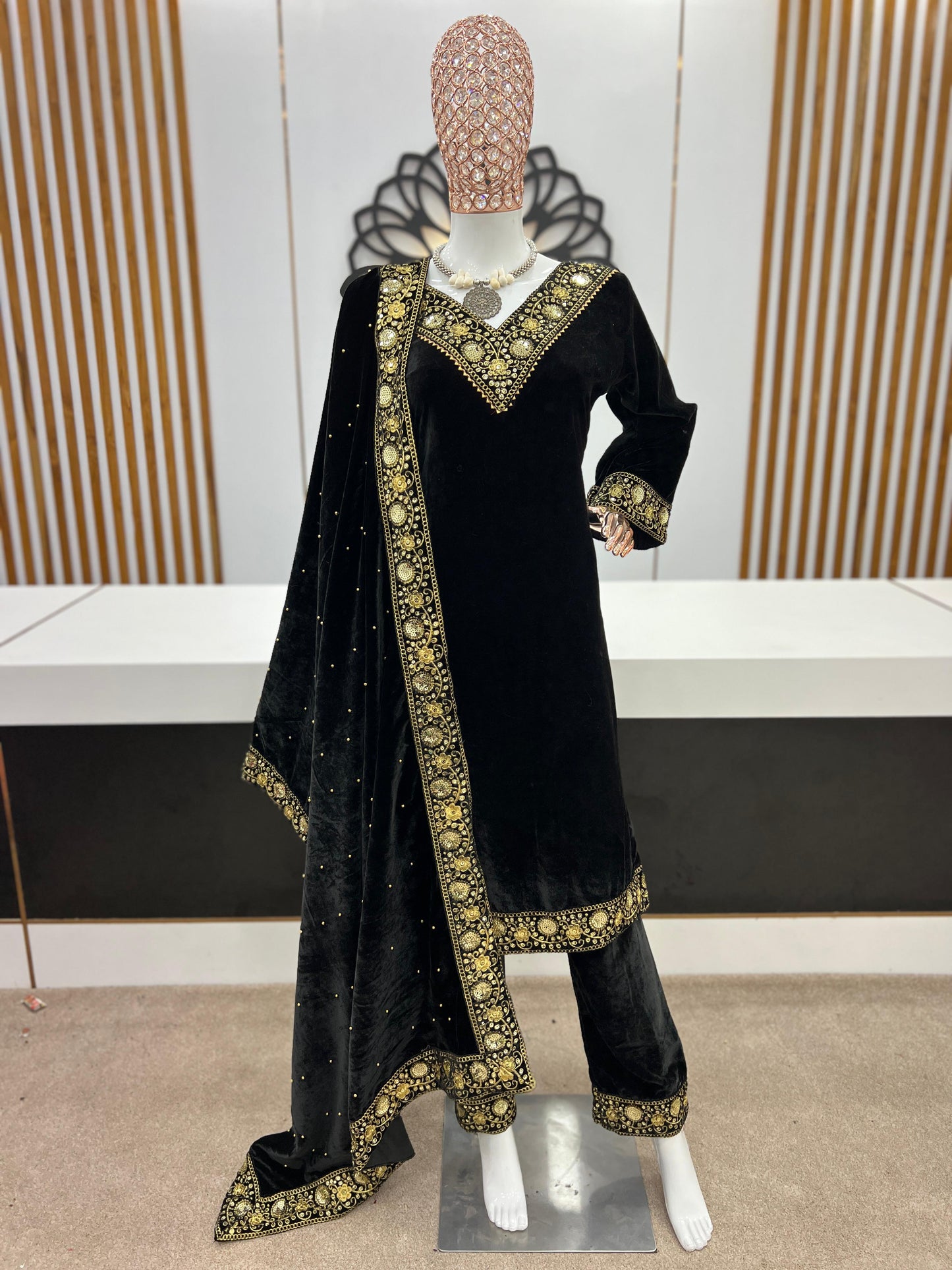 Black Velvet Sequence Work Pakistani Style Salwar Kameez