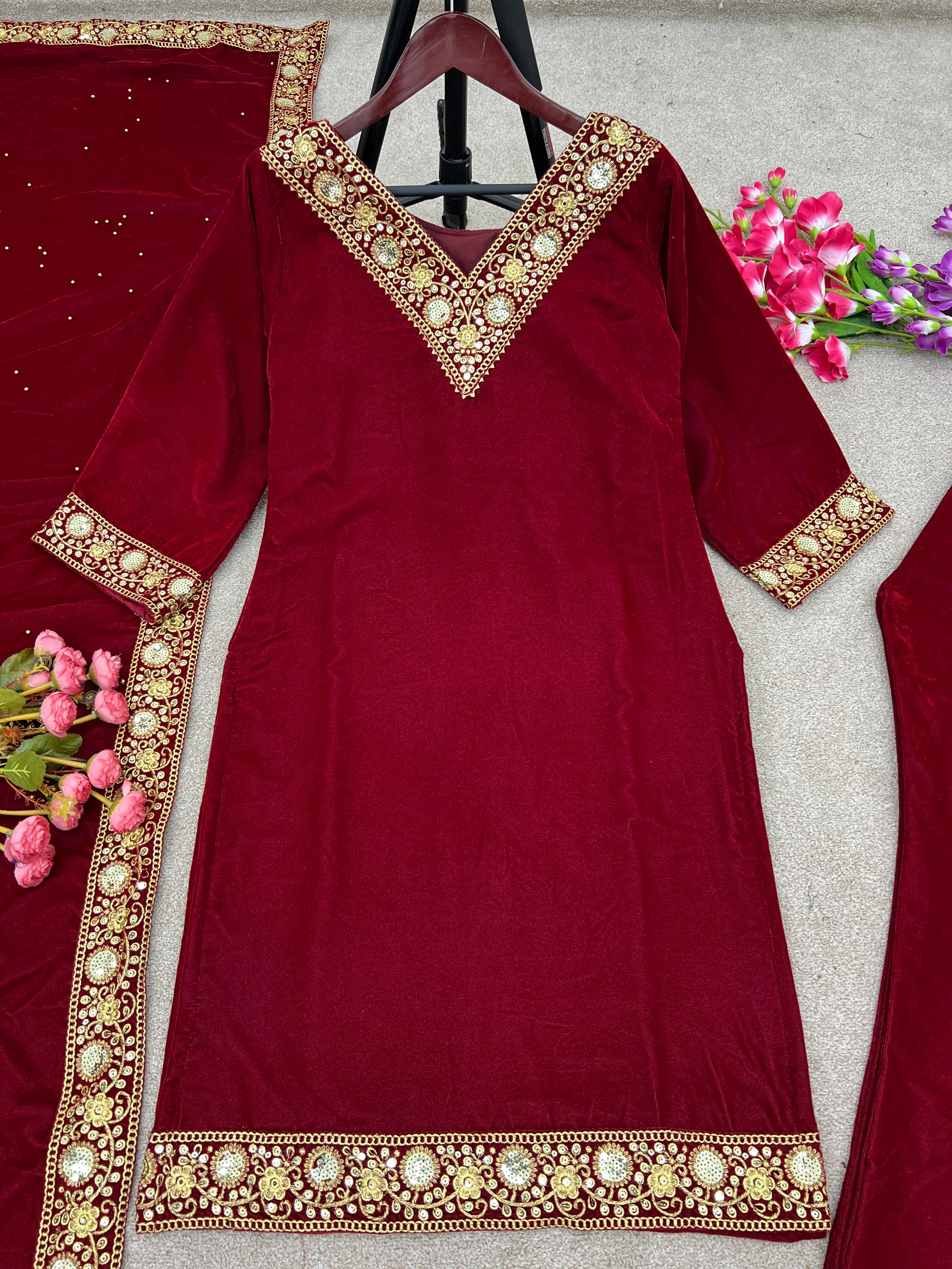 Maroon Velvet Sequence Work Pakistani Style Salwar Kameez