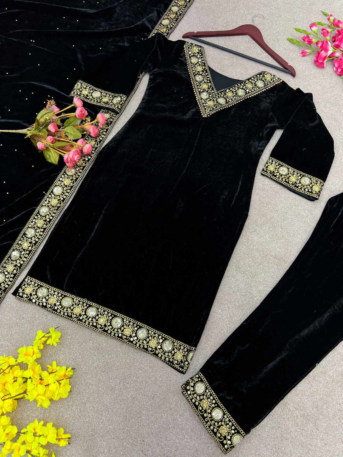 Black Velvet Sequence Work Pakistani Style Salwar Kameez