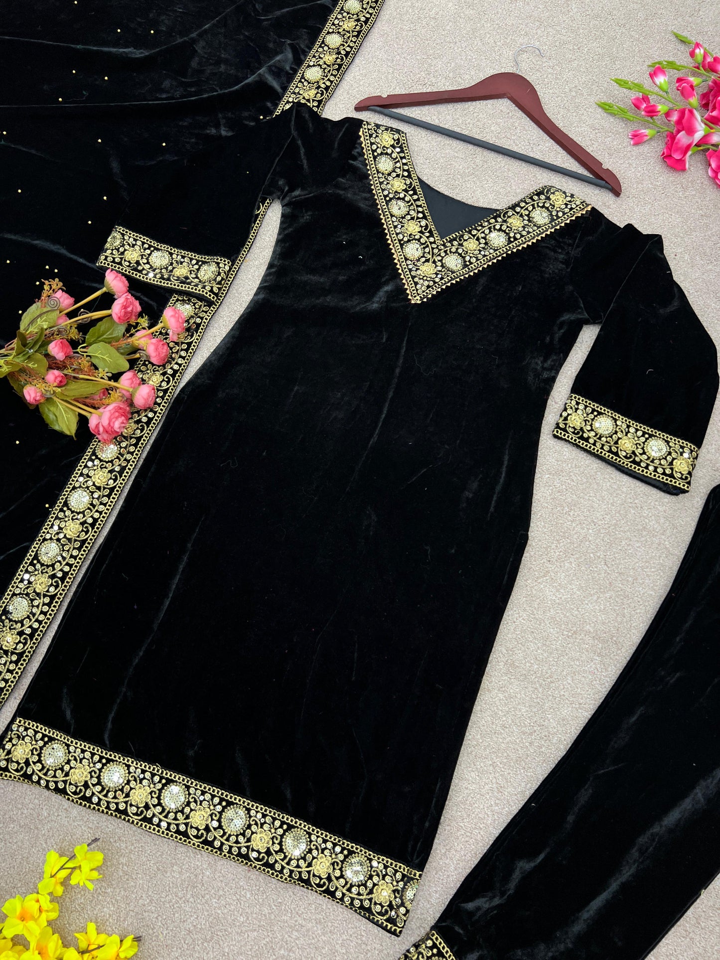 Black Velvet Sequence Work Pakistani Style Salwar Kameez