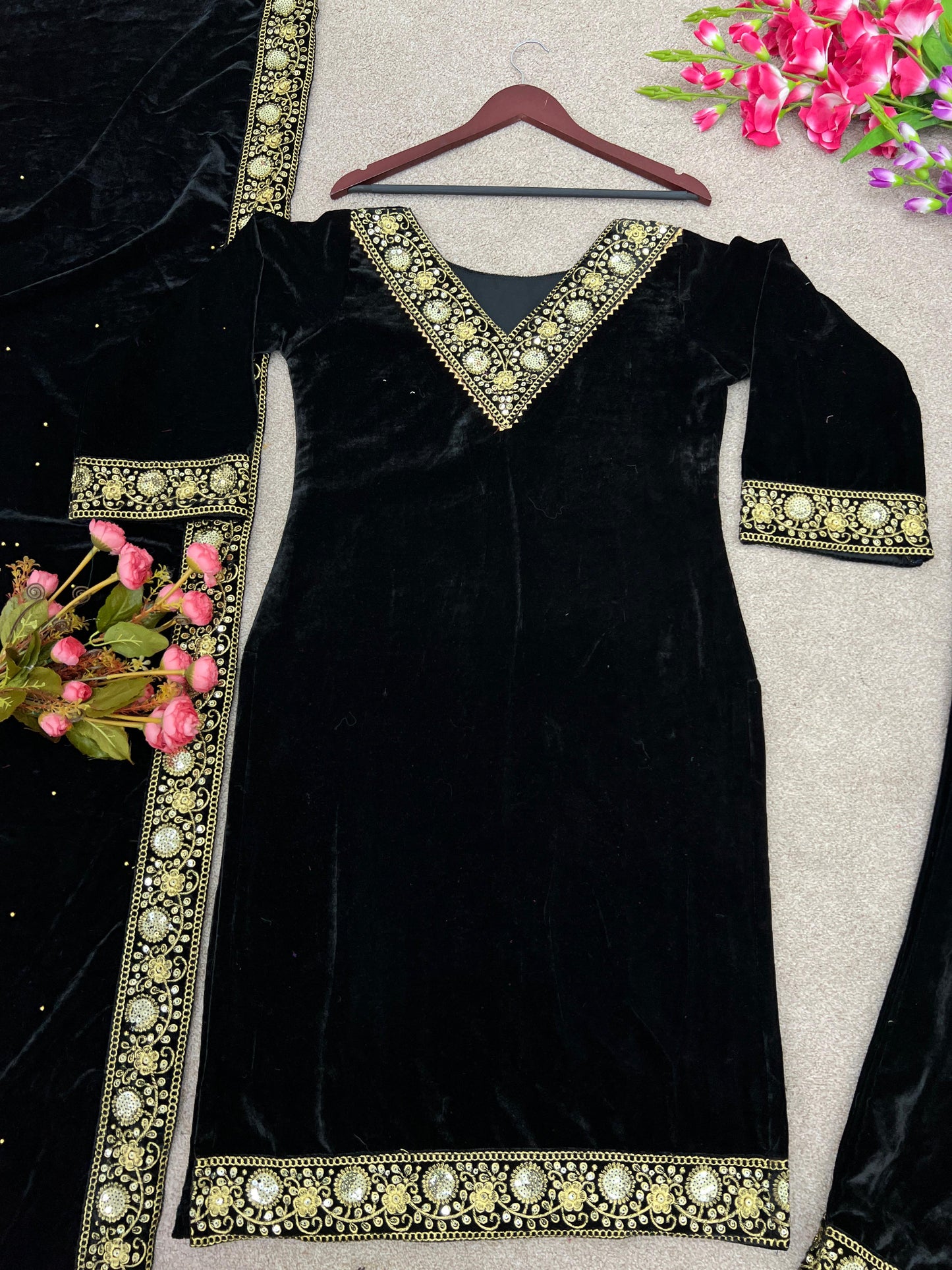 Black Velvet Sequence Work Pakistani Style Salwar Kameez