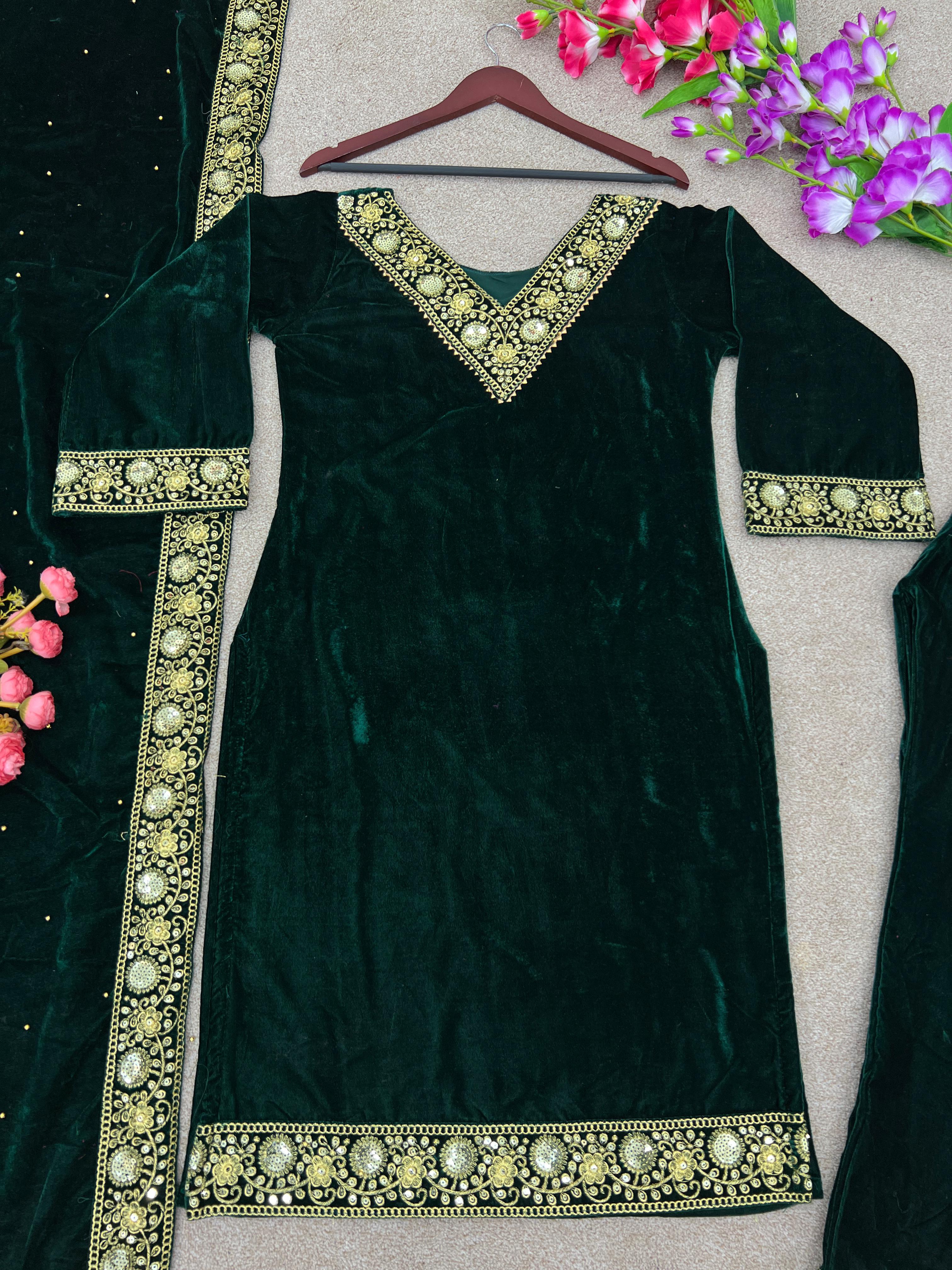 Green Velvet Sequence Work Pakistani Style Salwar Kameez