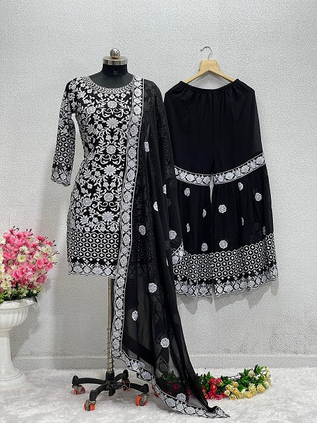 Embellished Black Color Embroidery Work Sharara Suit