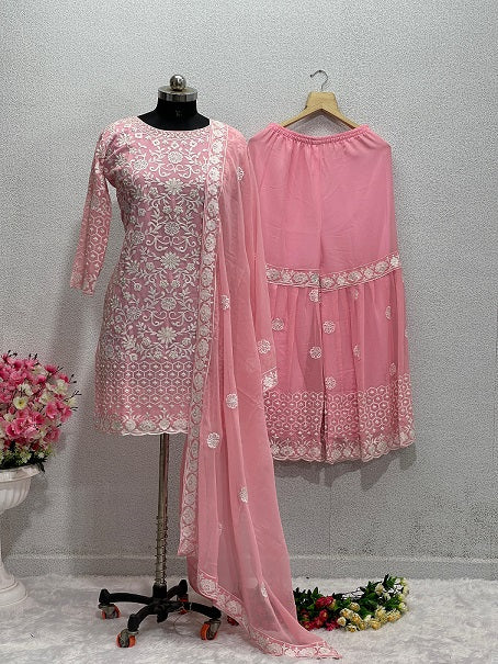 Embellished Light Pink Color Embroidery Work Sharara Suit