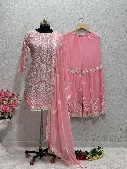 Embellished Light Pink Color Embroidery Work Sharara Suit