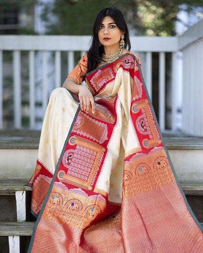 Golden And Silver Jari Design White Color Jacquard Border Saree